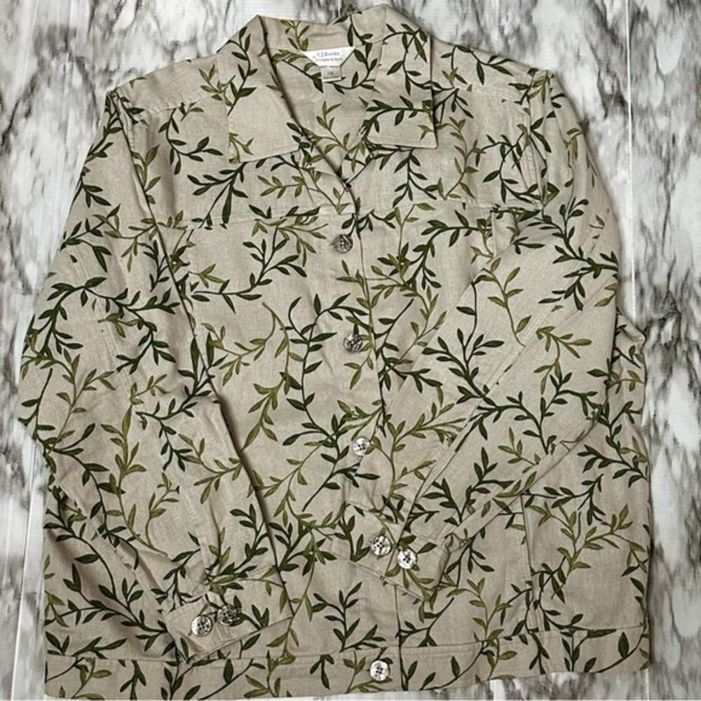 Leaf Patterned Beige Lightweight Jacket Linen Cot… - image 1